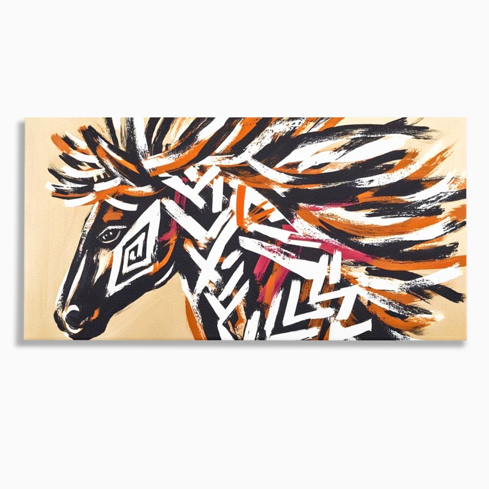 Tablou canvas cu pictura cu cap de cal tribal, fara rama, pe sasiu de lemn