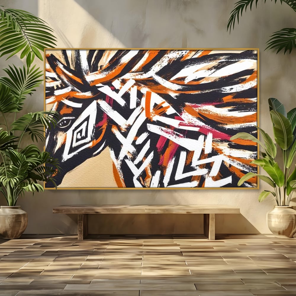 Tablou canvas cu pictura cu cap de cal tribal, in rama de aluminiu auriu