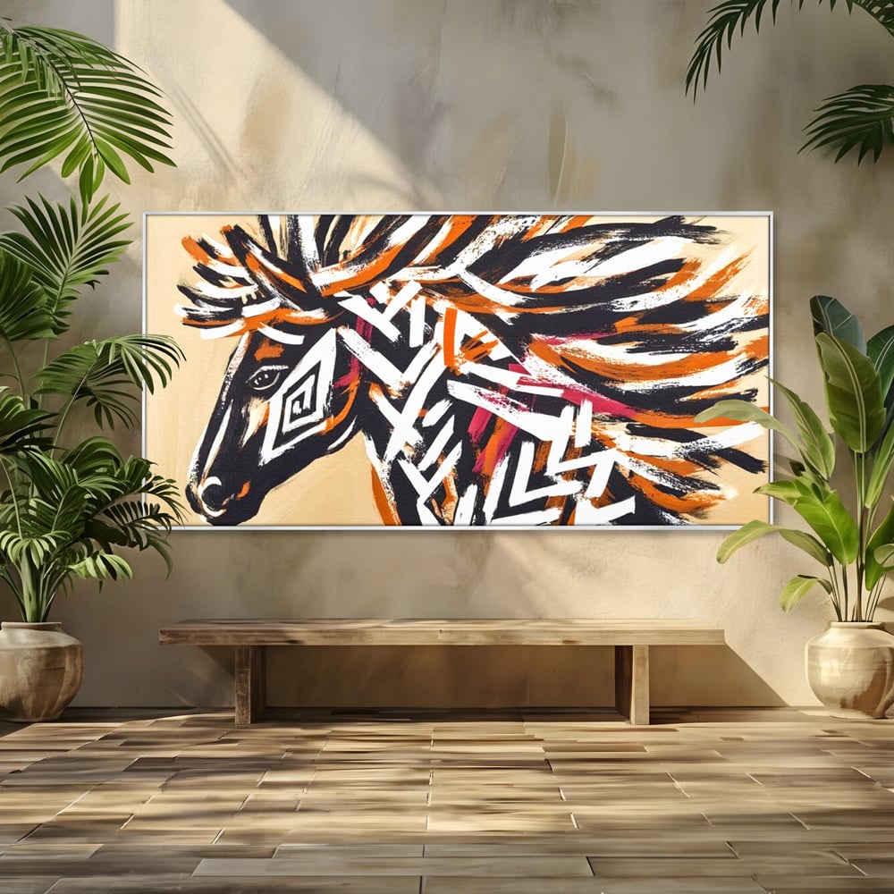 Tablou canvas cu pictura cu cap de cal tribal, in rama de aluminiu argintiu