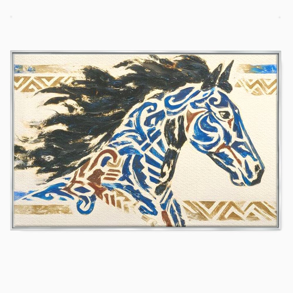 Tablou canvas cu tablou canvas cu un cal in galop, in rama de aluminiu argintiu