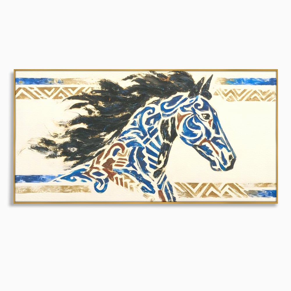 Tablou canvas cu tablou canvas cu un cal in galop, in rama de aluminiu auriu