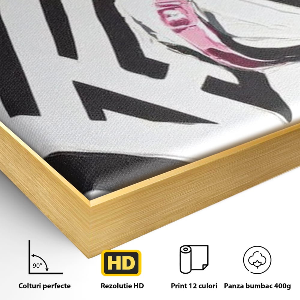 Detaliu al suprafetei: tablou canvas cu cap de armasar, in rama de aluminiu auriu