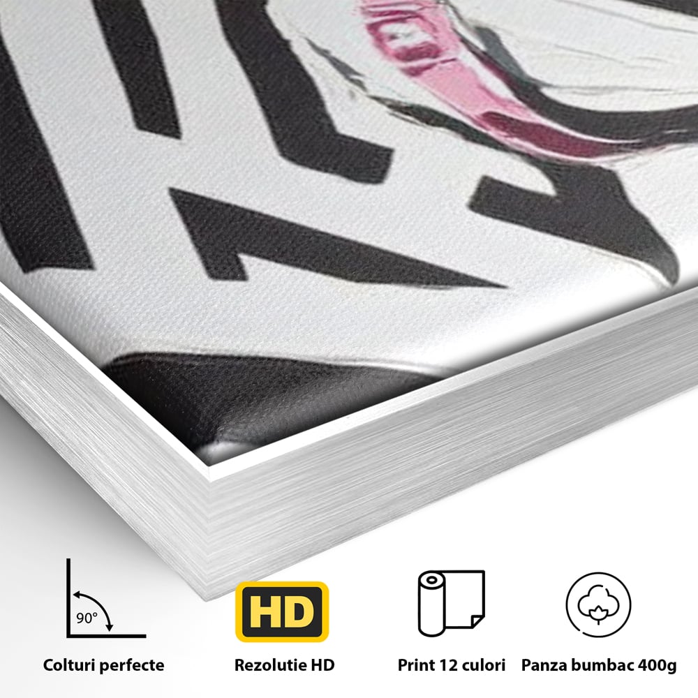 Detaliu al suprafetei: tablou canvas cu cap de armasar, in rama de aluminiu argintiu