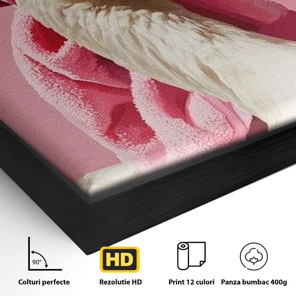 Detaliu al suprafetei: tablou canvas cu gasca in prosop roz, in rama de aluminiu negru