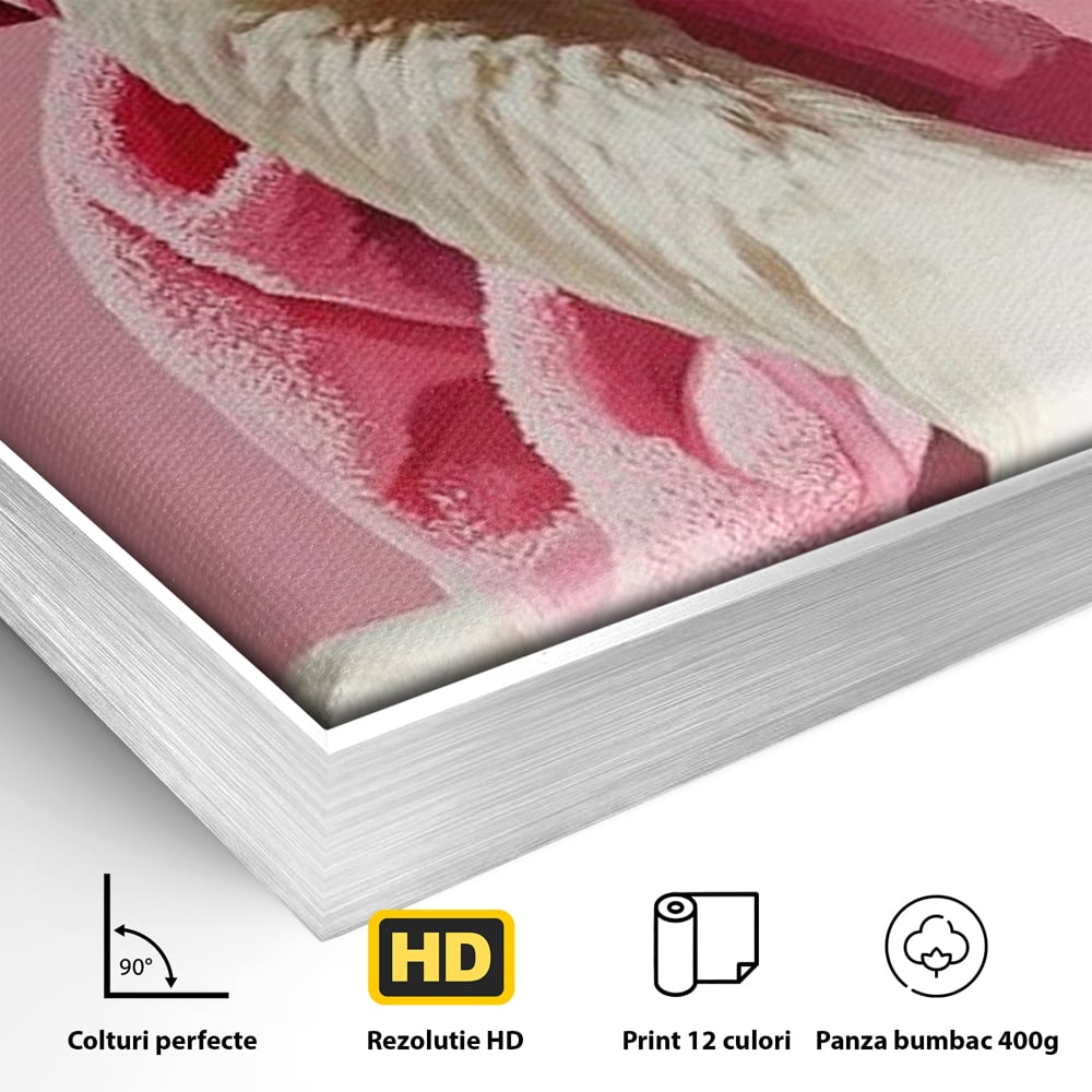 Detaliu al suprafetei: tablou canvas cu gasca in prosop roz, in rama de aluminiu argintiu