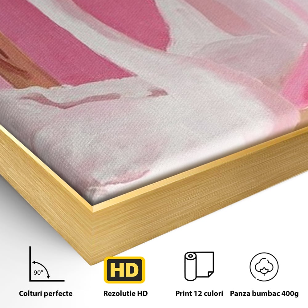 Detaliu al suprafetei: tablou canvas cu lebada in oglinda, in rama de aluminiu auriu