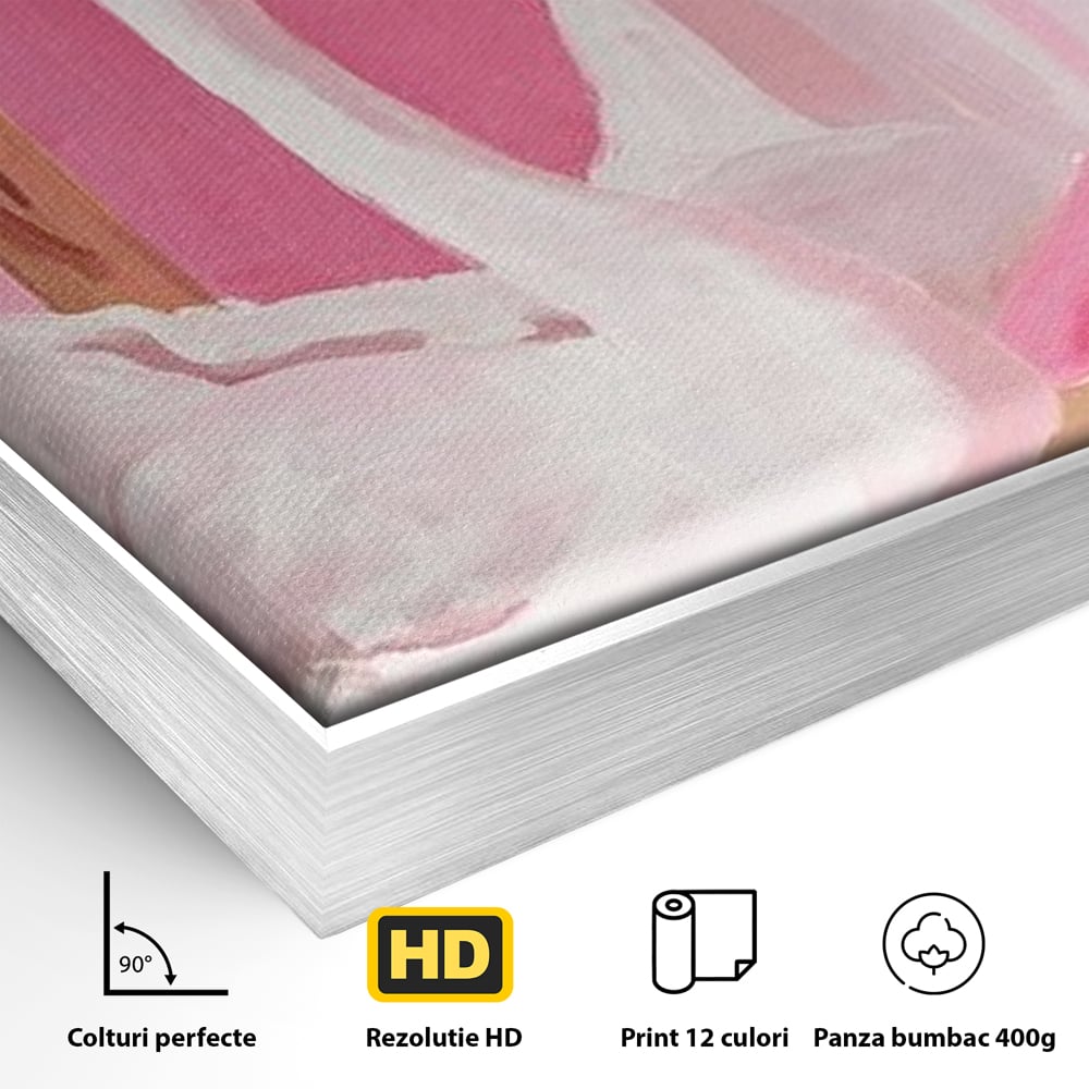 Detaliu al suprafetei: tablou canvas cu lebada in oglinda, in rama de aluminiu argintiu