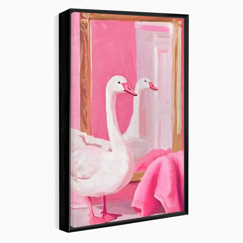 Tablou canvas cu tablou canvas cu lebada in oglinda, in rama de aluminiu negru