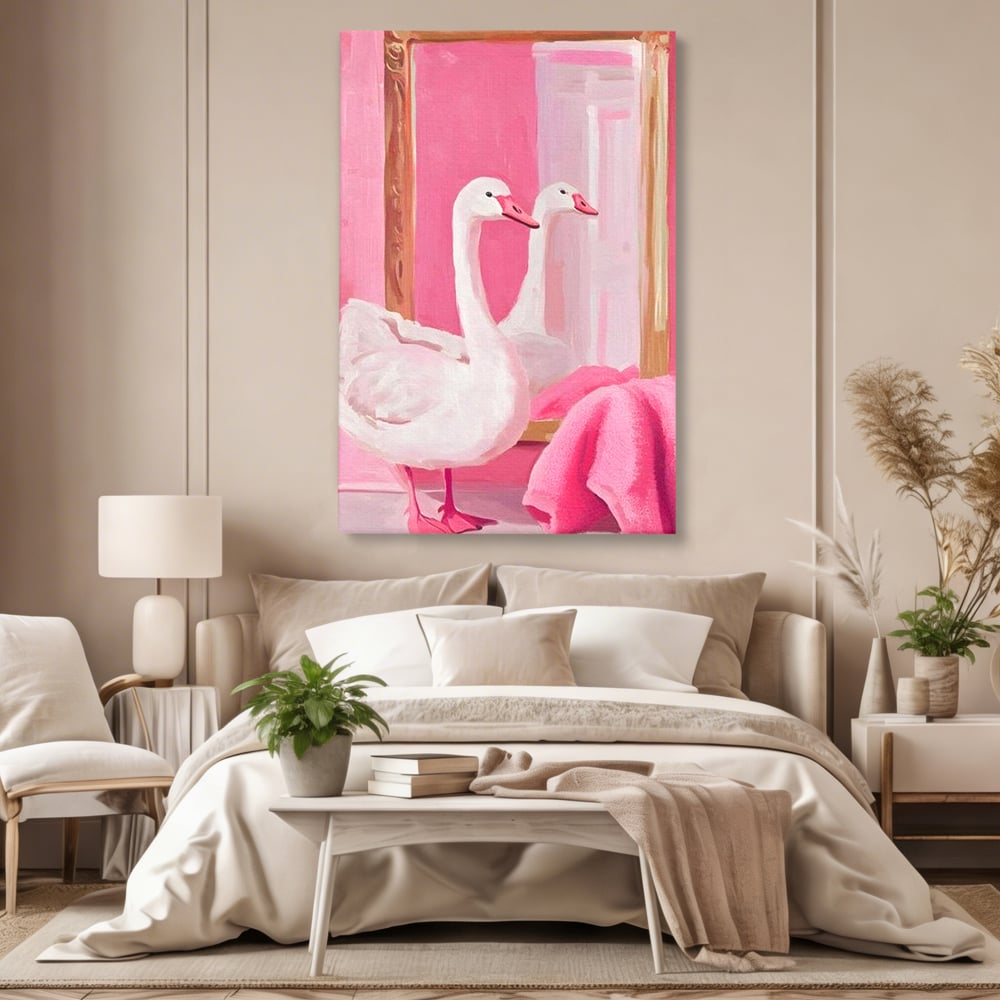 Tablou canvas cu tablou canvas cu lebada in oglinda, fara rama, pe sasiu de lemn, pe perete intr-un dormitor