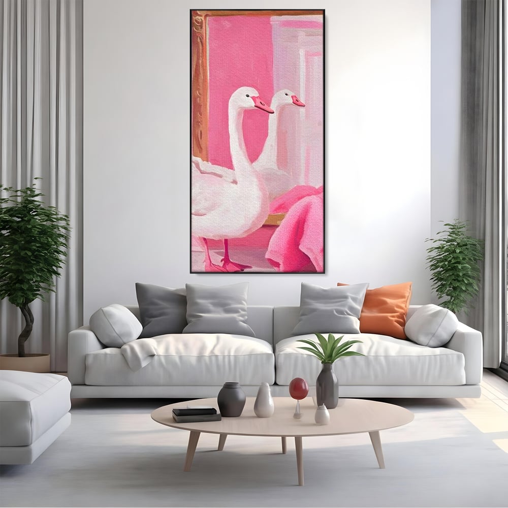 Tablou canvas cu tablou canvas cu lebada in oglinda, in rama de aluminiu negru, pe perete intr-un living