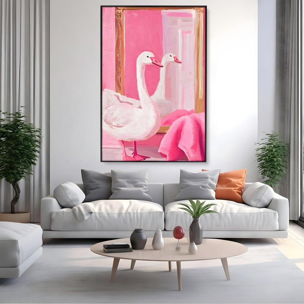 Tablou canvas cu tablou canvas cu lebada in oglinda, in rama de aluminiu negru, pe perete intr-un living