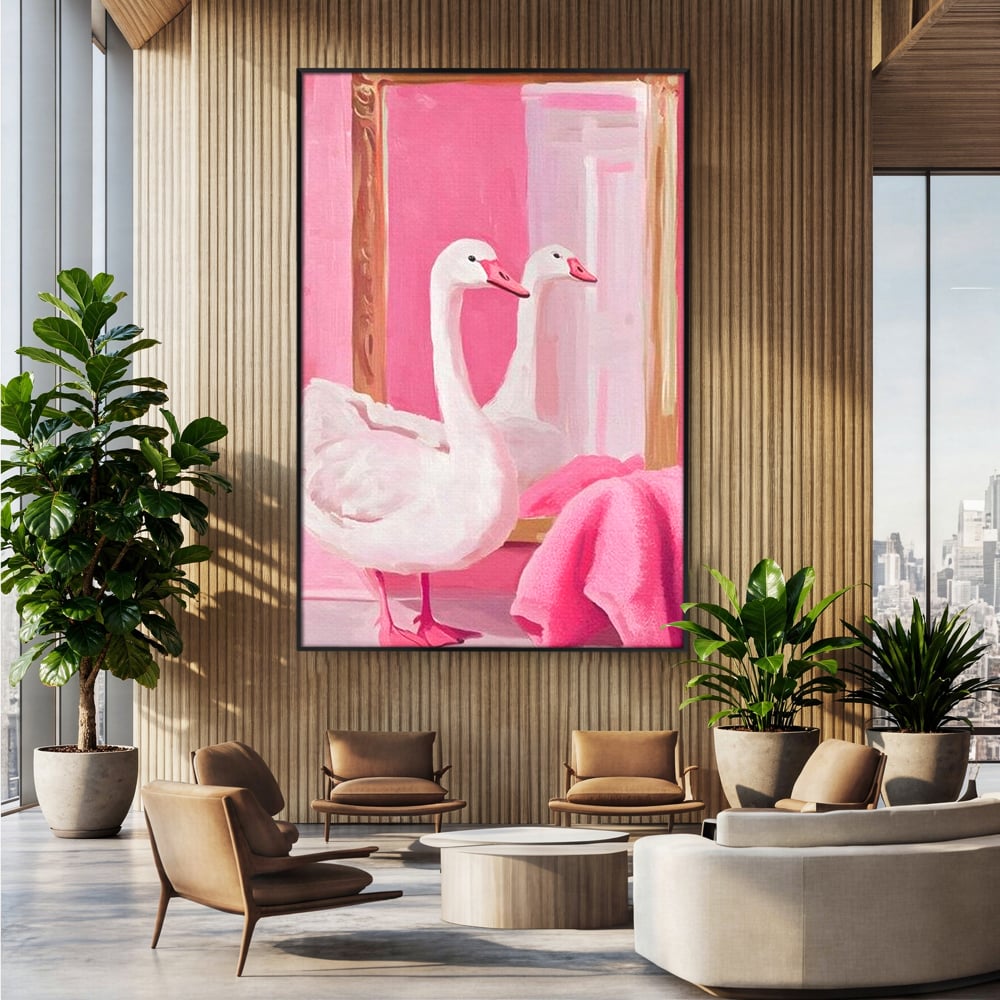 Tablou canvas cu tablou canvas cu lebada in oglinda, in rama de aluminiu negru, pe perete intr-un birou