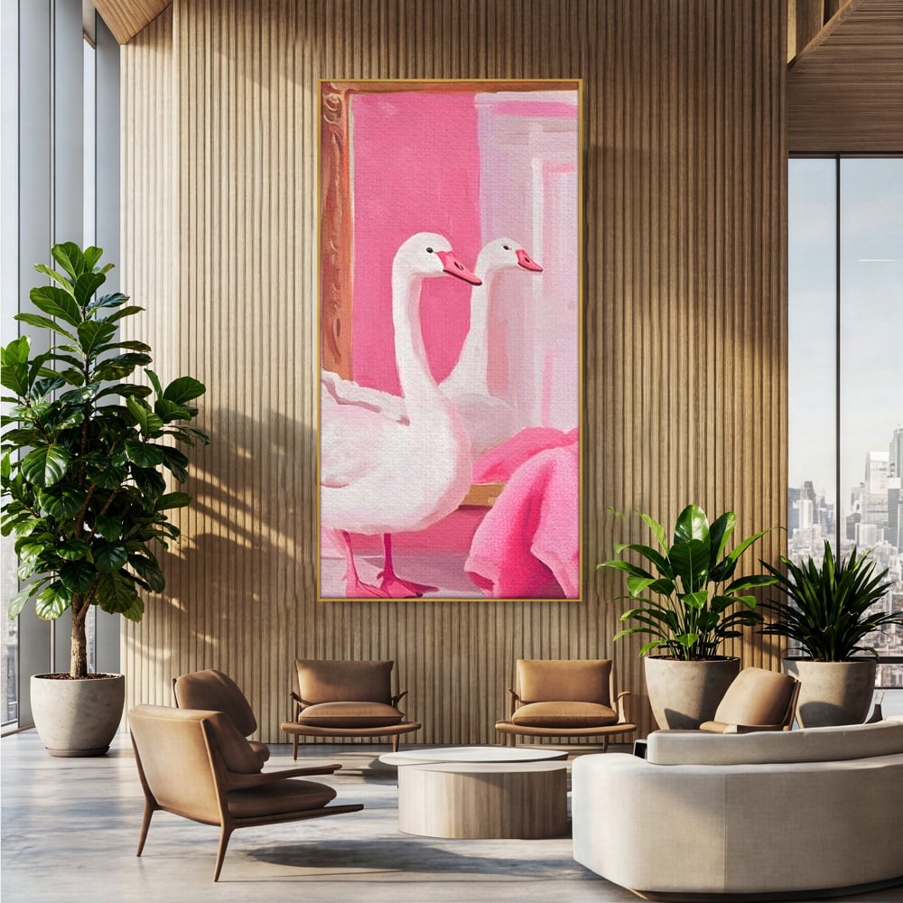 Tablou canvas cu tablou canvas cu lebada in oglinda, in rama de aluminiu auriu, pe perete intr-un birou