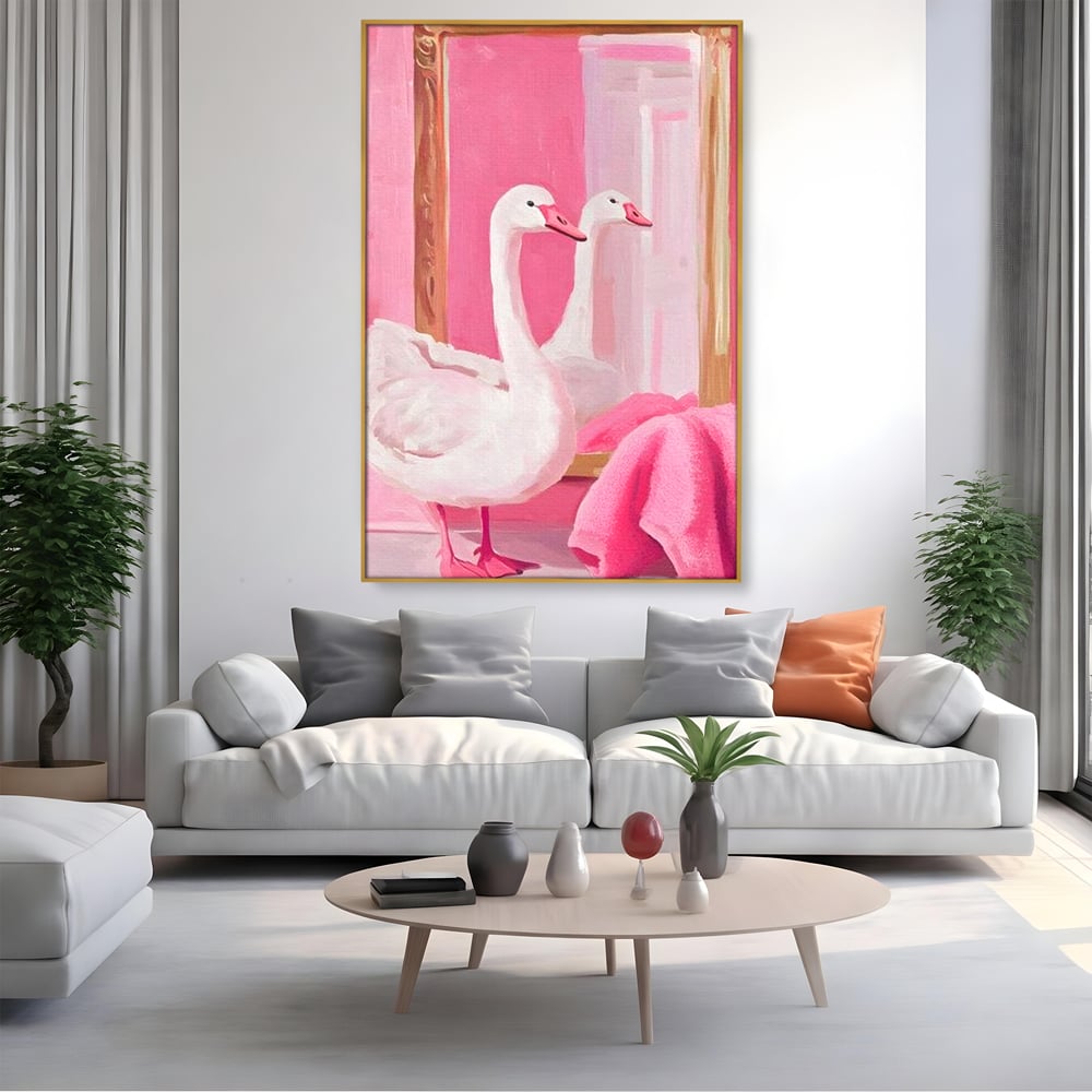 Tablou canvas cu tablou canvas cu lebada in oglinda, in rama de aluminiu auriu, pe perete intr-un living