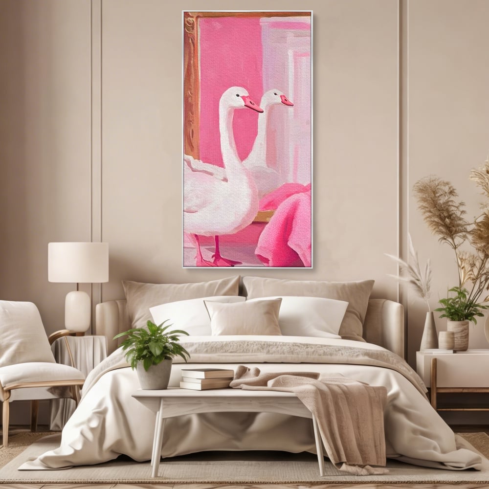 Tablou canvas cu tablou canvas cu lebada in oglinda, in rama de aluminiu argintiu, pe perete intr-un dormitor