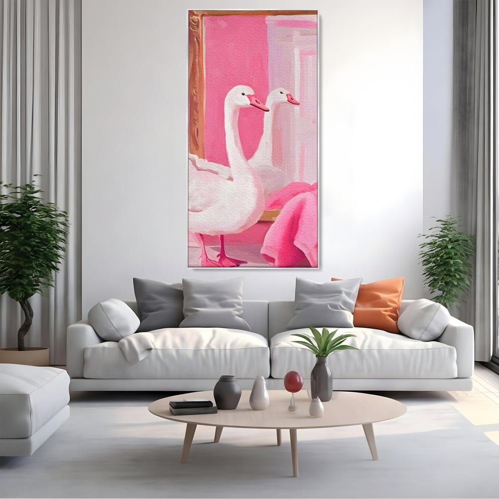 Tablou canvas cu tablou canvas cu lebada in oglinda, in rama de aluminiu argintiu, pe perete intr-un living