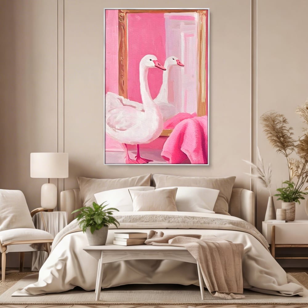 Tablou canvas cu tablou canvas cu lebada in oglinda, in rama de aluminiu argintiu, pe perete intr-un dormitor