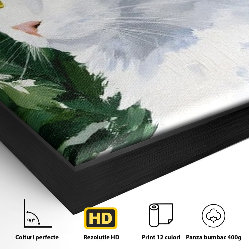 Detaliu al suprafetei: tablou canvas cu pisica alba, in rama de aluminiu negru