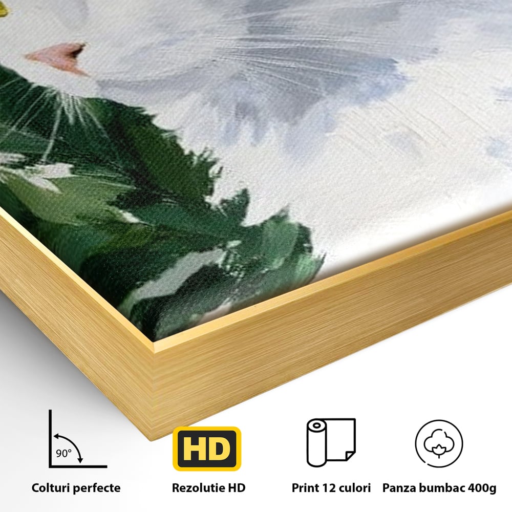 Detaliu al suprafetei: tablou canvas cu pisica alba, in rama de aluminiu auriu