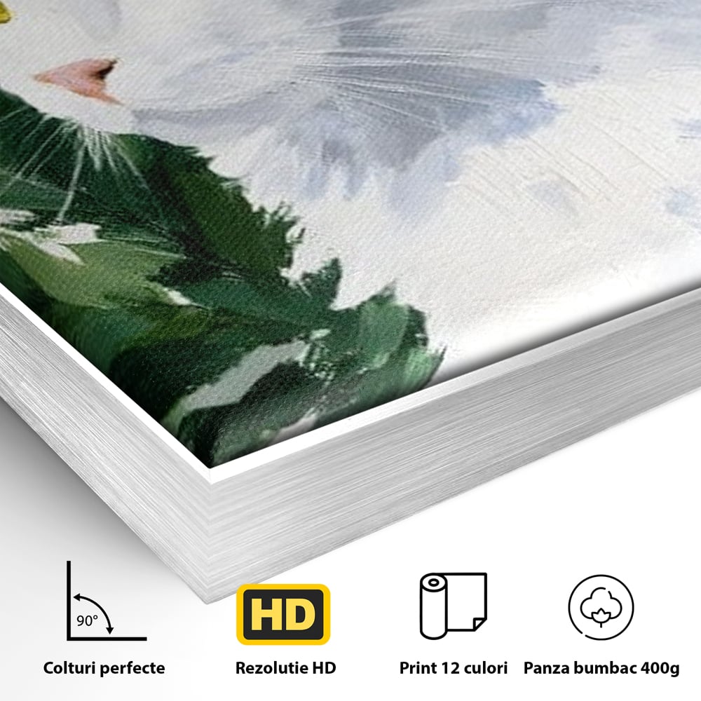 Detaliu al suprafetei: tablou canvas cu pisica alba, in rama de aluminiu argintiu