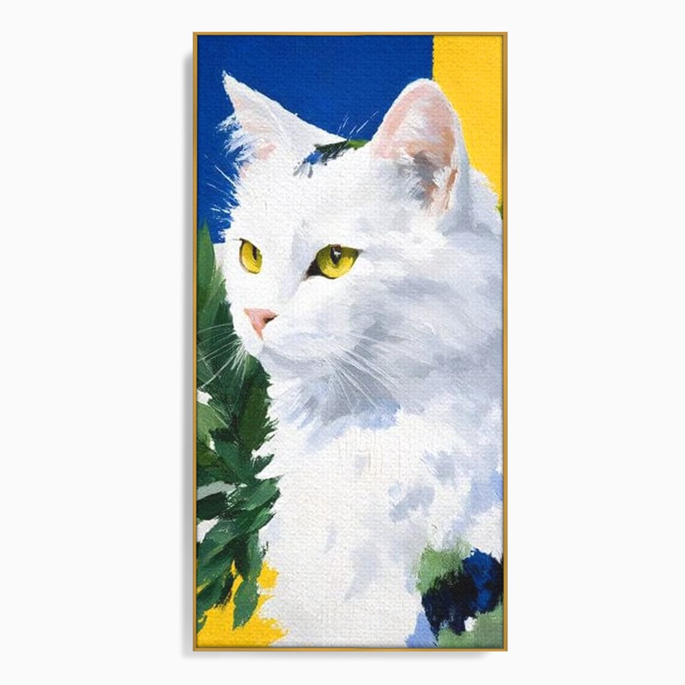 Tablou canvas cu tablou canvas cu pisica alba, in rama de aluminiu auriu