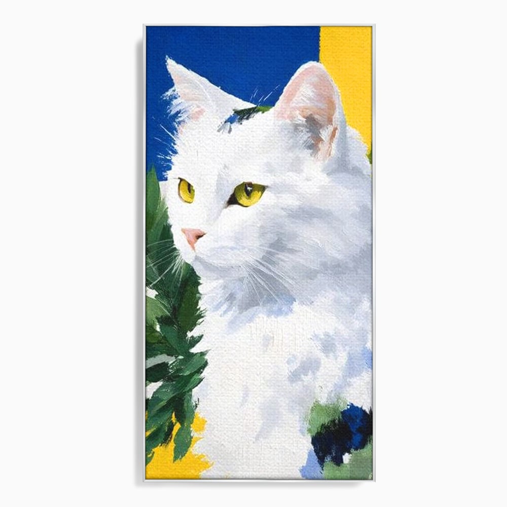 Tablou canvas cu tablou canvas cu pisica alba, in rama de aluminiu argintiu