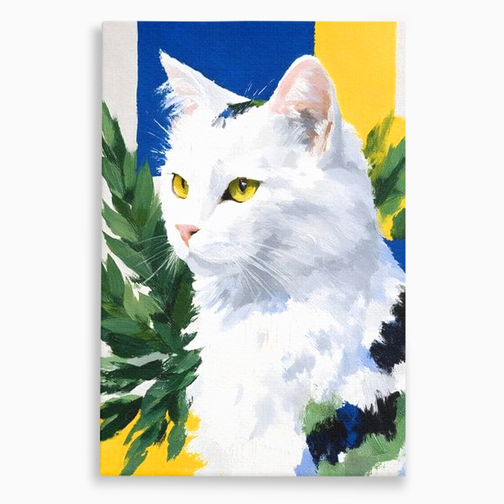 Tablou canvas cu tablou canvas cu pisica alba, fara rama, pe sasiu de lemn