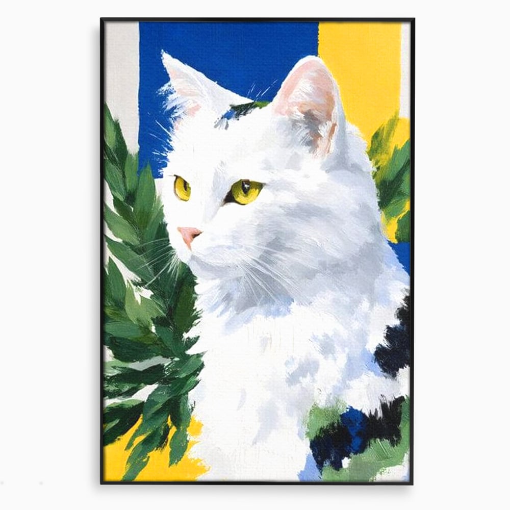 Tablou canvas cu tablou canvas cu pisica alba, in rama de aluminiu negru