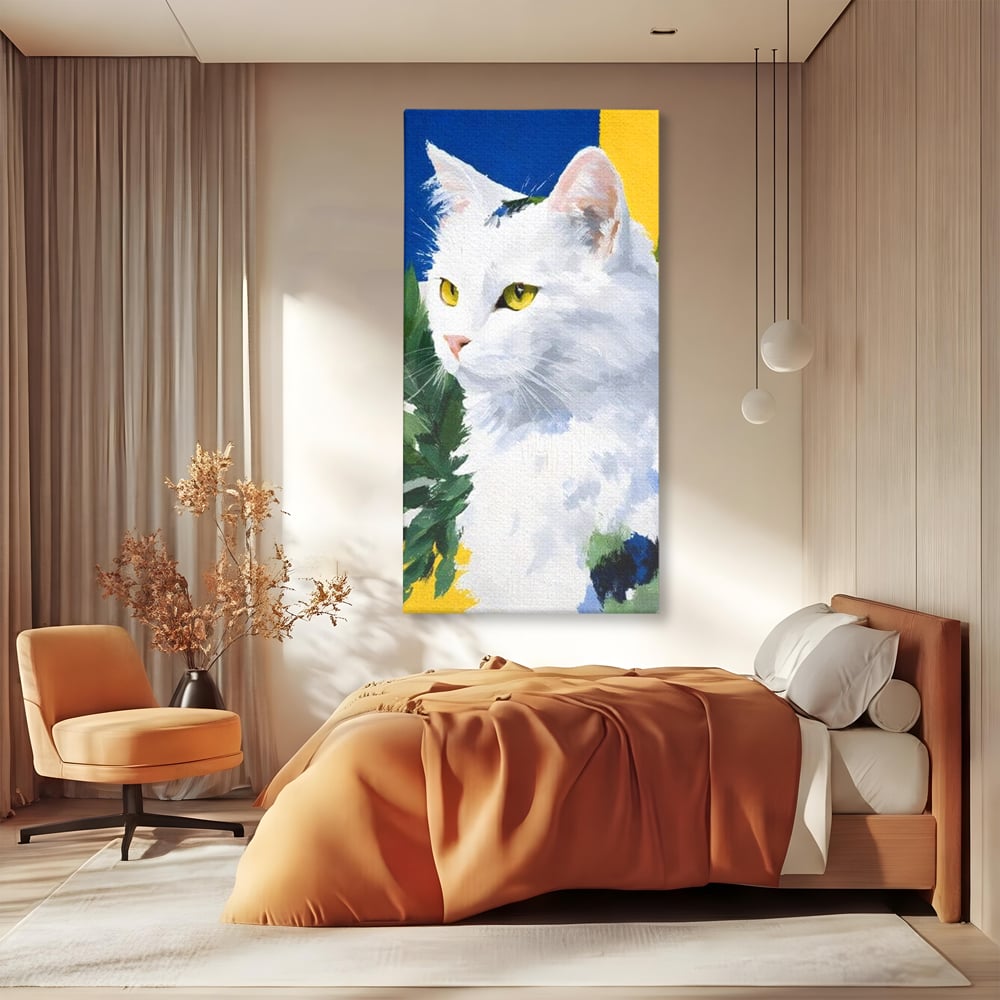 Tablou canvas cu tablou canvas cu pisica alba, fara rama, pe sasiu de lemn, pe perete intr-un dormitor