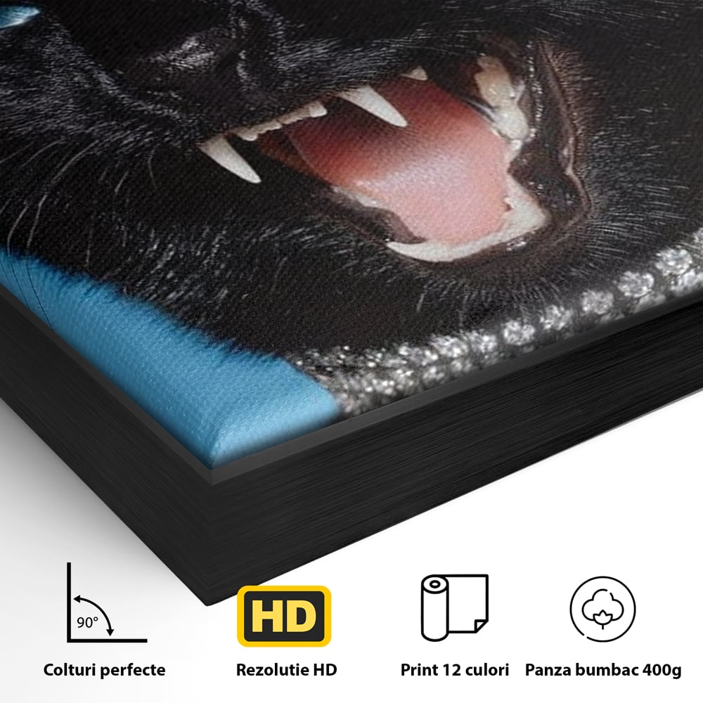 Tablou Canvas cu Motan Negru si Zgarda Stralucitoare, Negru Intens si Albastru Electric, M1531