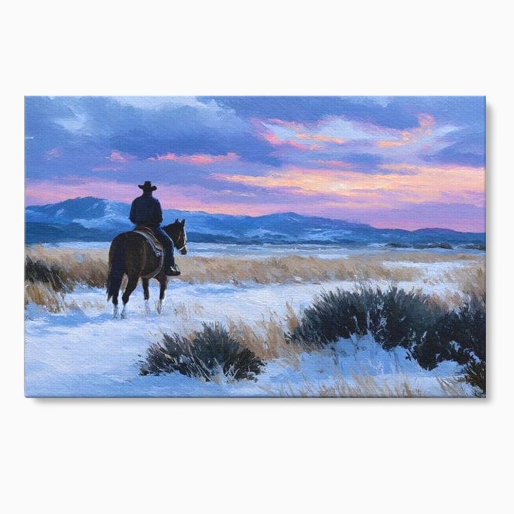Tablou canvas cu pictura cu calaret cowboy in zapada, fara rama, pe sasiu de lemn
