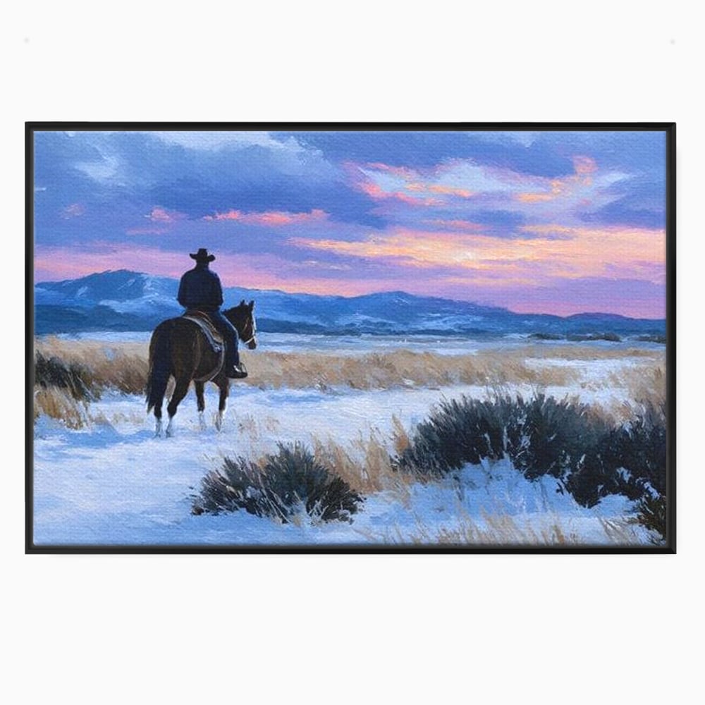 Tablou canvas cu pictura cu calaret cowboy in zapada, in rama de aluminiu negru