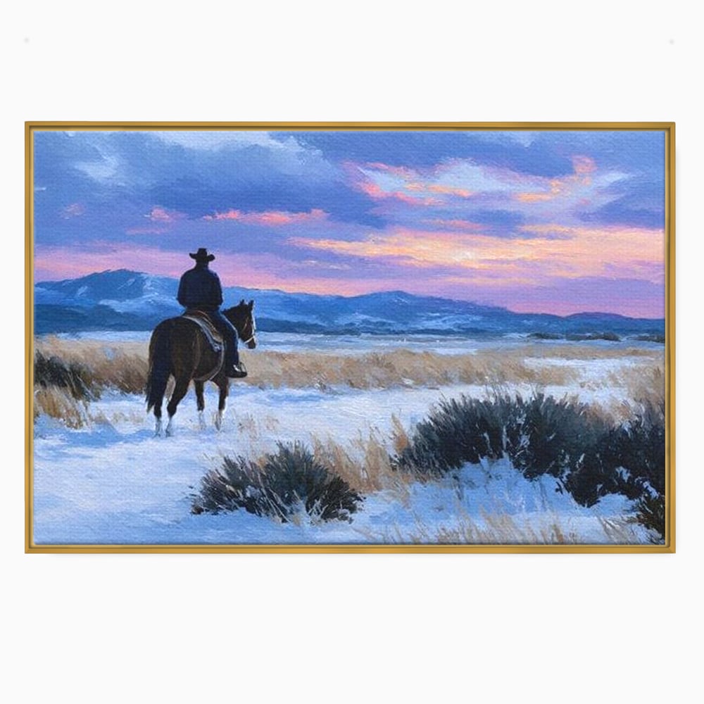 Tablou canvas cu pictura cu calaret cowboy in zapada, in rama de aluminiu auriu