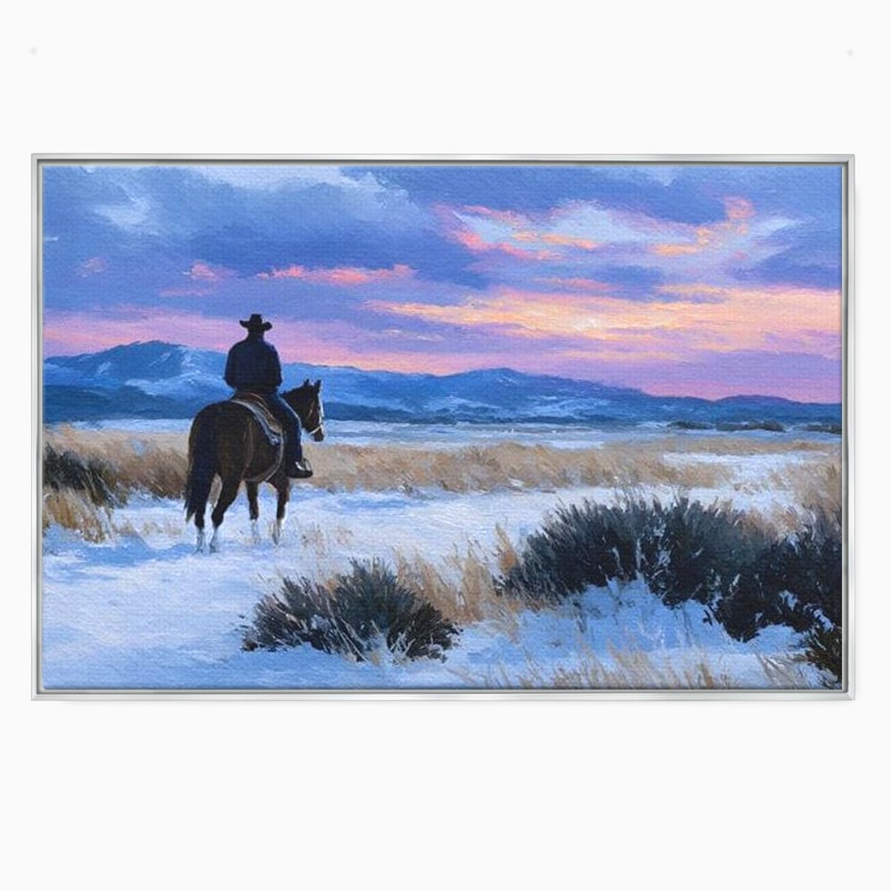 Tablou canvas cu pictura cu calaret cowboy in zapada, in rama de aluminiu argintiu