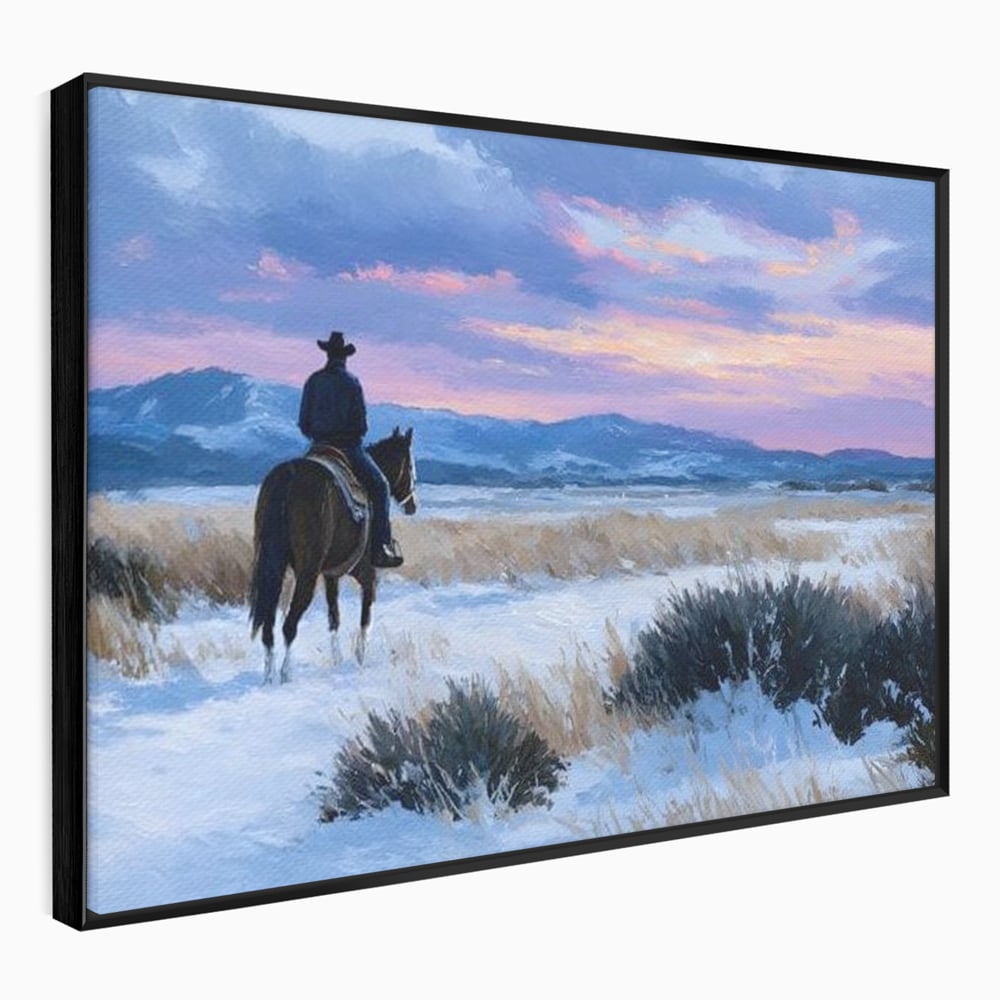 Tablou canvas cu pictura cu calaret cowboy in zapada, in rama de aluminiu negru