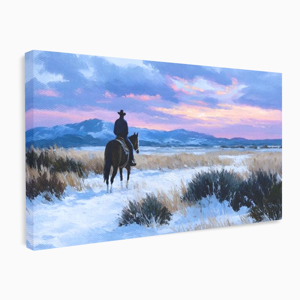 Tablou canvas cu pictura cu calaret cowboy in zapada, fara rama, pe sasiu de lemn