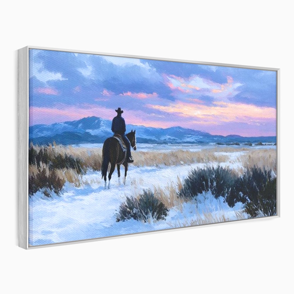 Tablou canvas cu pictura cu calaret cowboy in zapada, in rama de aluminiu argintiu