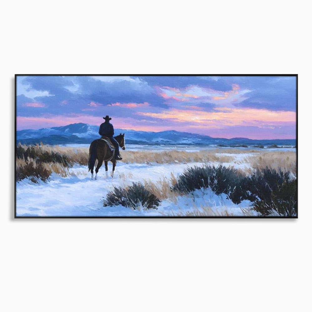 Tablou canvas cu pictura cu calaret cowboy in zapada, in rama de aluminiu negru