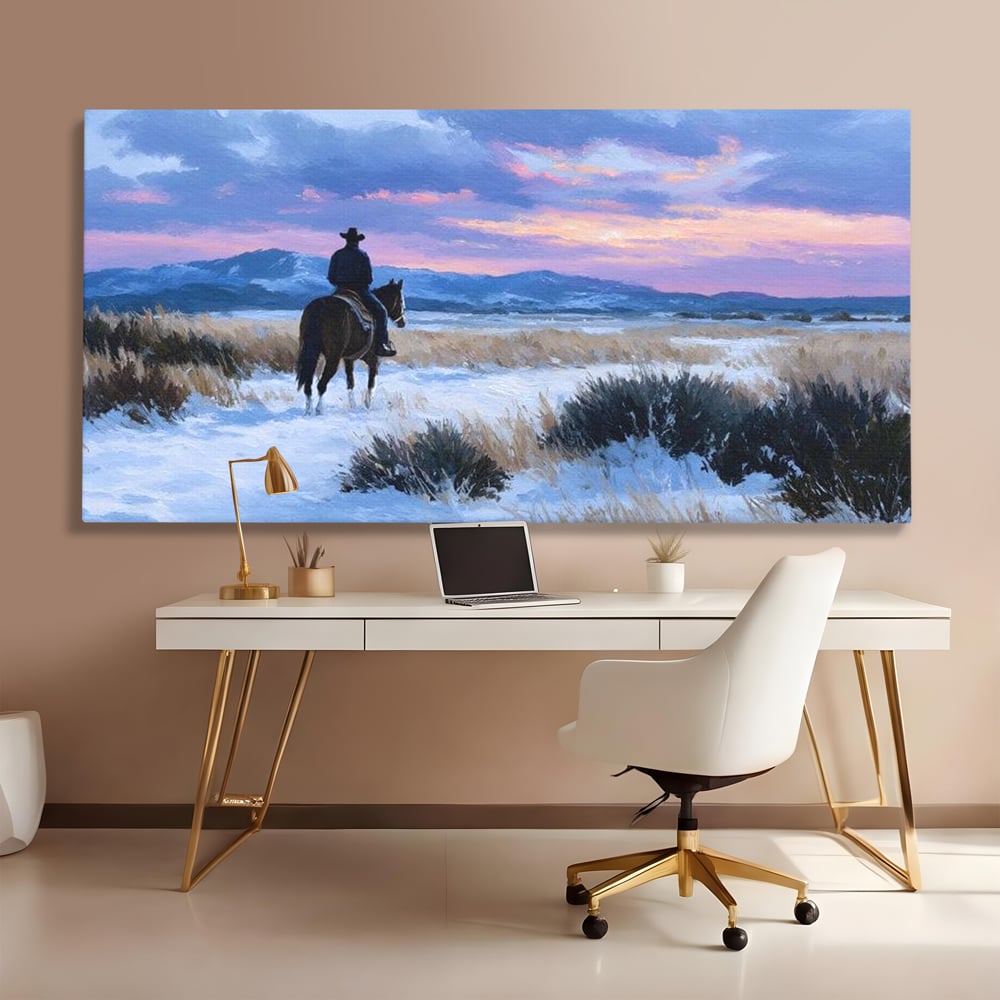 Tablou canvas cu pictura cu calaret cowboy in zapada, fara rama, pe sasiu de lemn, pe perete intr-un birou