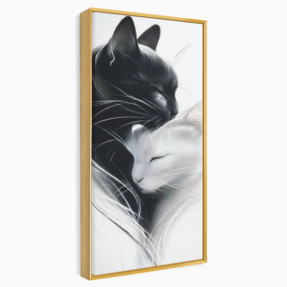 Tablou canvas cu tablou canvas cu pisici alb si negru, in rama de aluminiu auriu