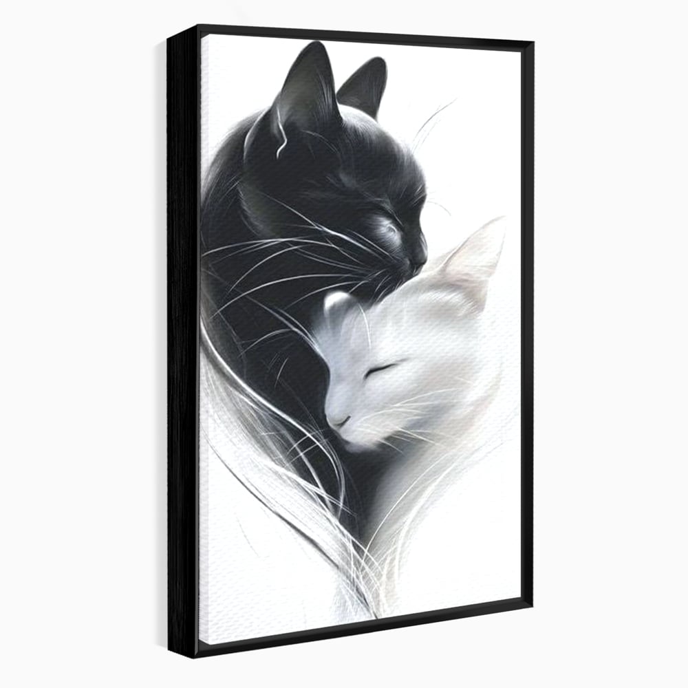 Tablou canvas cu tablou canvas cu pisici alb si negru, in rama de aluminiu negru