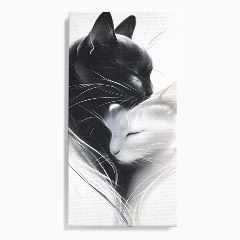 Tablou canvas cu tablou canvas cu pisici alb si negru, fara rama, pe sasiu de lemn