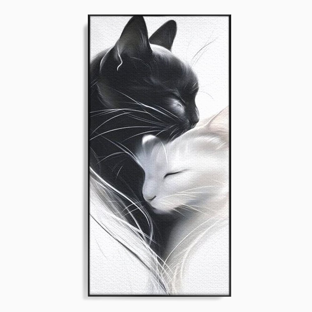 Tablou canvas cu tablou canvas cu pisici alb si negru, in rama de aluminiu negru