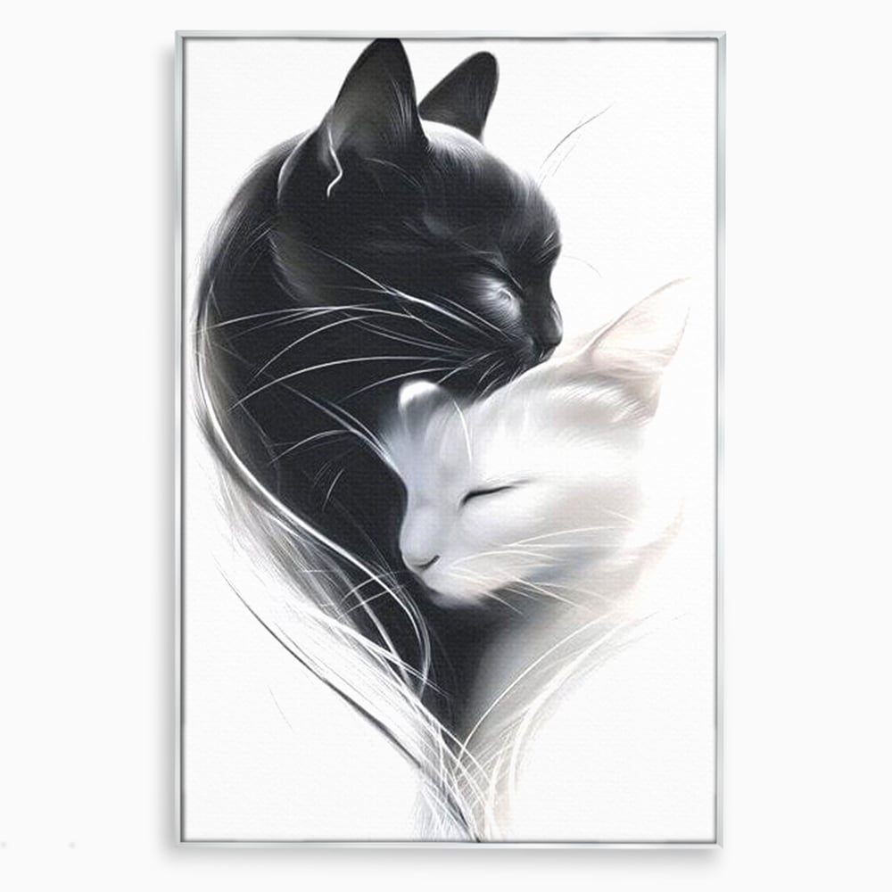Tablou canvas cu tablou canvas cu pisici alb si negru, in rama de aluminiu argintiu