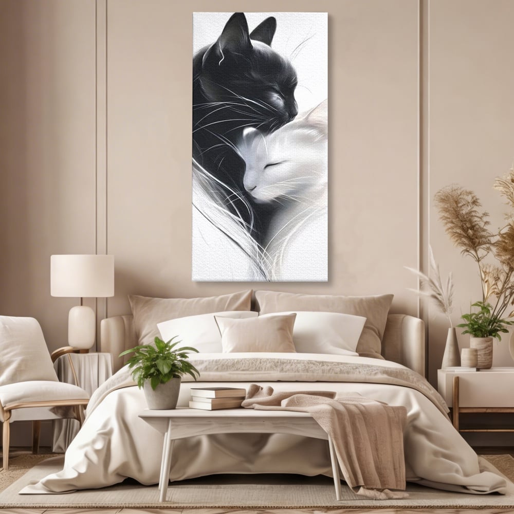 Tablou canvas cu tablou canvas cu pisici alb si negru, fara rama, pe sasiu de lemn, pe perete intr-un dormitor