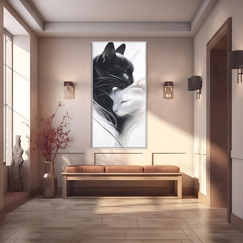 Tablou canvas cu tablou canvas cu pisici alb si negru, in rama de aluminiu argintiu