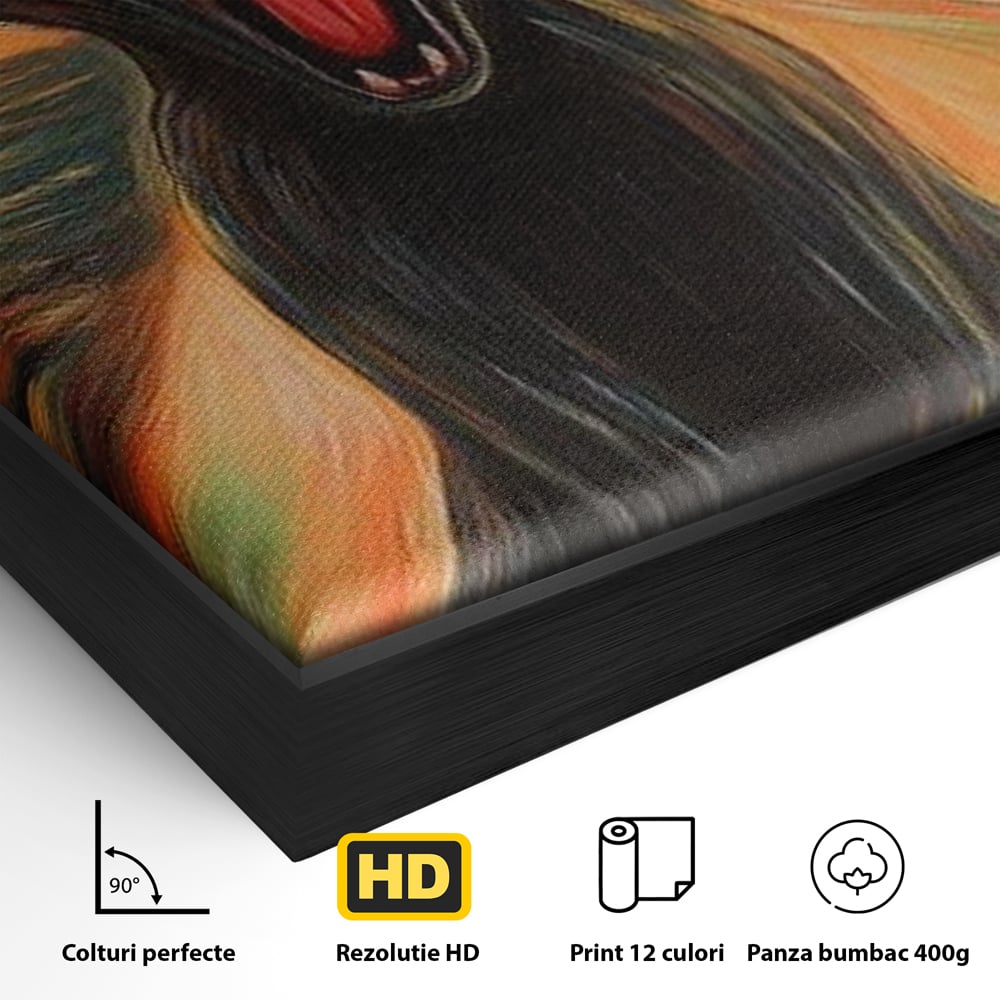 Detaliu al suprafetei: tablou canvas cu pisica neagra care urla, in rama de aluminiu negru