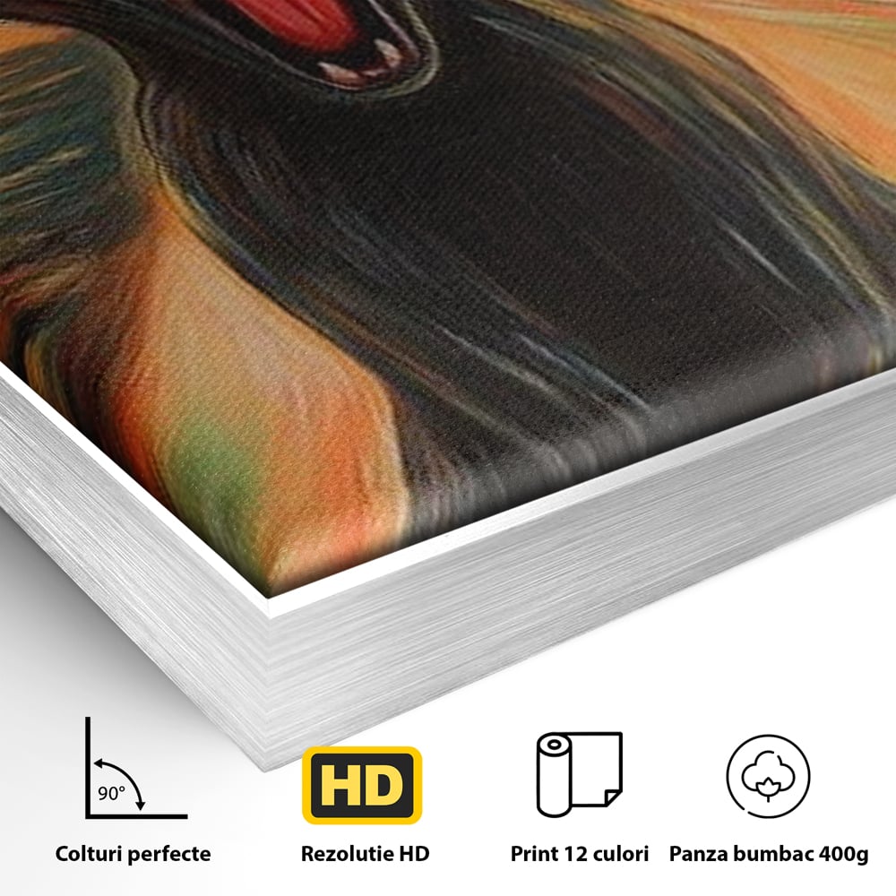 Detaliu al suprafetei: tablou canvas cu pisica neagra care urla, in rama de aluminiu argintiu
