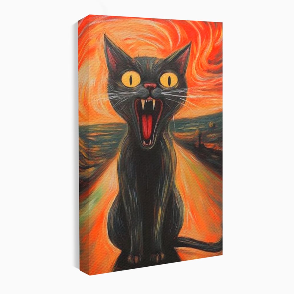 Tablou canvas cu tablou canvas cu pisica neagra care urla, fara rama, pe sasiu de lemn