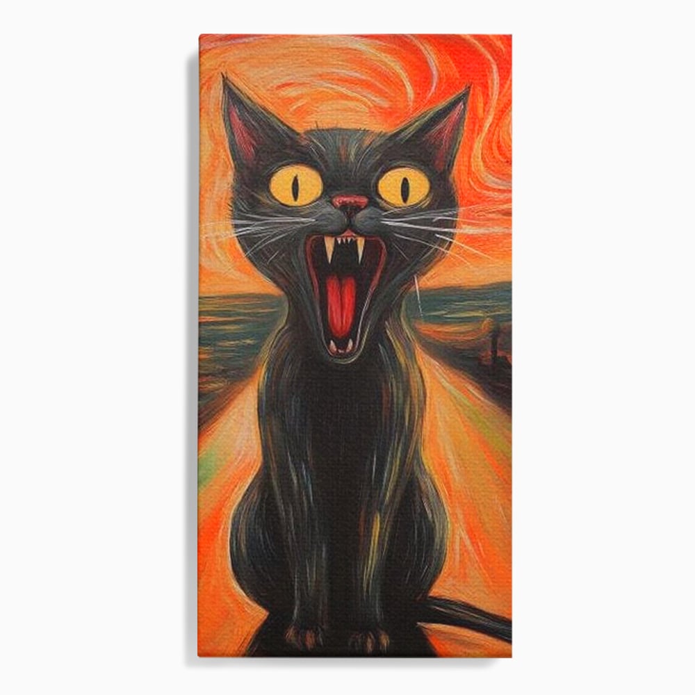Tablou canvas cu tablou canvas cu pisica neagra care urla, fara rama, pe sasiu de lemn